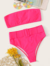 Neon Pink Buckle Belted Bandeau Bikini Swimsuit