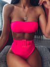 Neon Pink Buckle Belted Bandeau Bikini Swimsuit