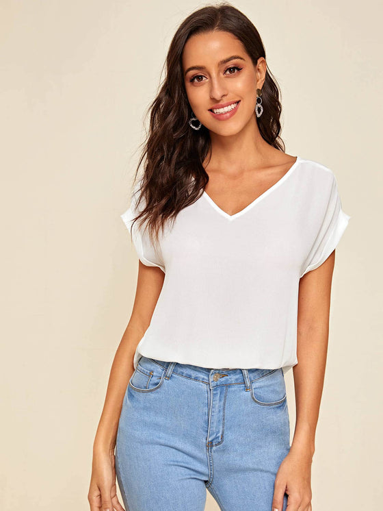 Rolled Cuff High Low Hem Top