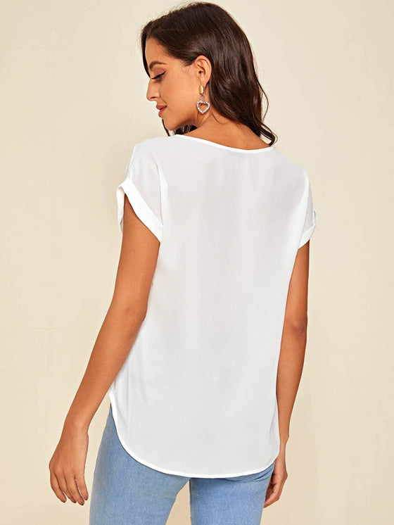 Rolled Cuff High Low Hem Top