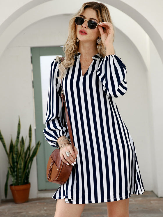 VCAY Striped Notched Neck Tunic Dress