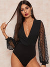 Plunging Neck Dobby Mesh Lantern Sleeve Bodysuit