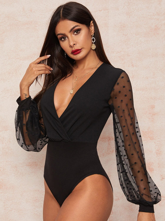 Plunging Neck Dobby Mesh Lantern Sleeve Bodysuit