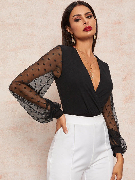 Plunging Neck Dobby Mesh Lantern Sleeve Bodysuit