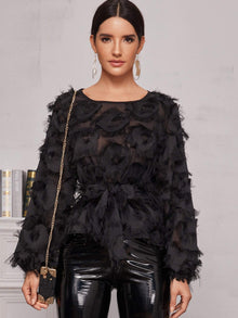  Frayed Detail Belted Sheer Blouse