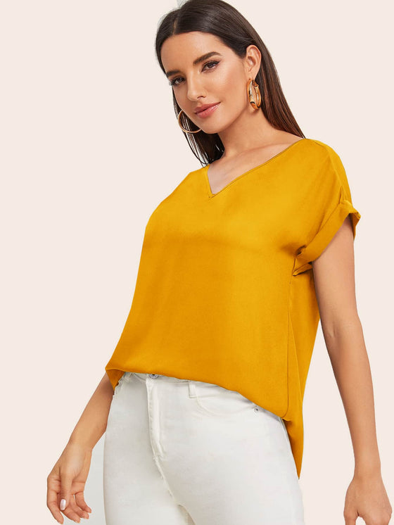 Rolled Cuff High Low Hem Top