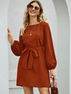 Boat Neck Bishop Sleeve Belted Dress