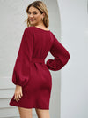 Boat Neck Bishop Sleeve Belted Dress