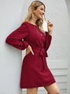 Boat Neck Bishop Sleeve Belted Dress