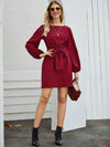 Boat Neck Bishop Sleeve Belted Dress