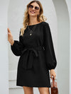 Boat Neck Bishop Sleeve Belted Dress