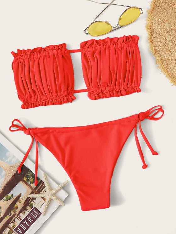 Ruched Frill Trim Bandeau Tie Side Bikini Swimsuit