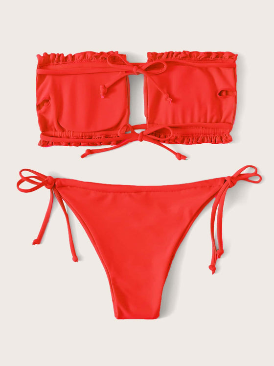 Ruched Frill Trim Bandeau Tie Side Bikini Swimsuit