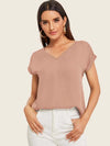 Solid V Neck Rolled Sleeve Top