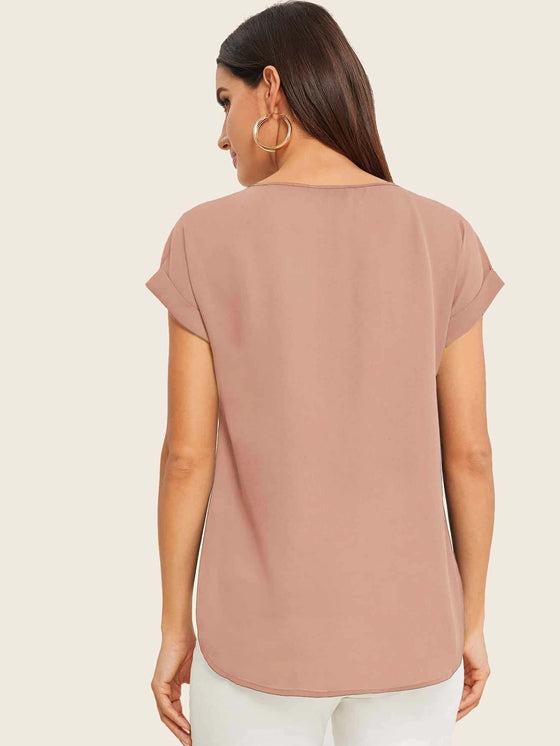 Solid V Neck Rolled Sleeve Top