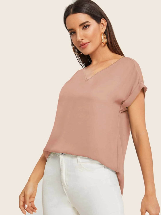 Solid V Neck Rolled Sleeve Top