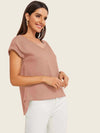 Solid V Neck Rolled Sleeve Top