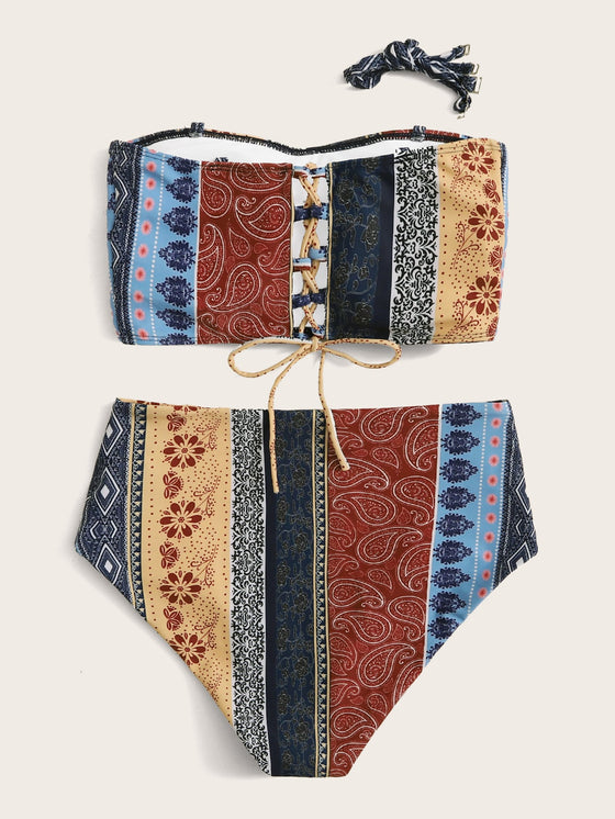 Paisley Bandeau High Waisted Bikini Swimsuit