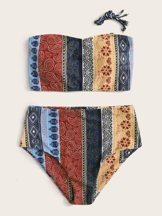 Paisley Bandeau High Waisted Bikini Swimsuit