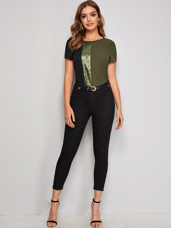 Sequin Panel Colorblock Top