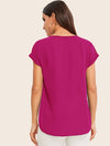 Solid V Neck Rolled Sleeve Top