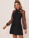 Tie Neck Polka dot Flocked Mesh Sleeve Dress