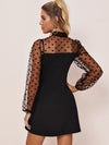 Tie Neck Polka dot Flocked Mesh Sleeve Dress