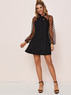 Tie Neck Polka dot Flocked Mesh Sleeve Dress