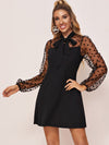 Tie Neck Polka dot Flocked Mesh Sleeve Dress