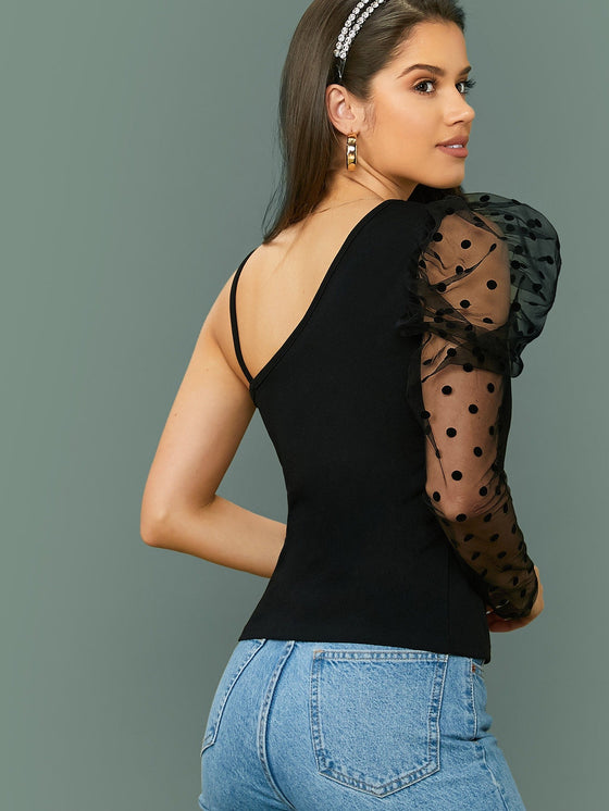 Asymmetric Shoulder Dobby Mesh Leg of mutton Sleeve Top