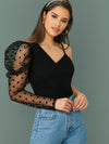 Asymmetric Shoulder Dobby Mesh Leg of mutton Sleeve Top