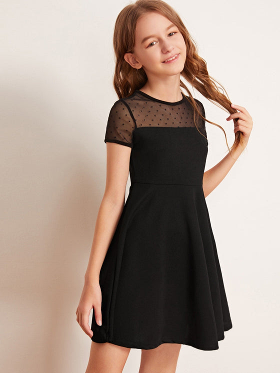 Girls Dobby Mesh Yoke Solid Dress