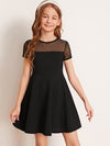 Girls Dobby Mesh Yoke Solid Dress