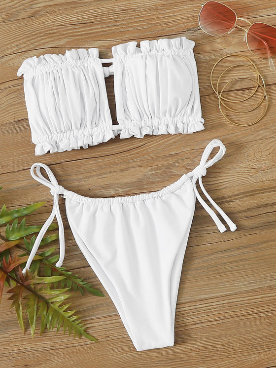 Ruched Frill Trim Bandeau Tie Side Bikini Swimsuit