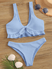  Rib Ruffle Knot Front Bikini Swimsuit