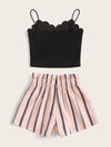 Girls Scallop Trim Cami Top Paperbag Waist Belted Shorts Set