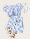 Girls Frill Trim Striped Top Patch Pocket Belted Skirt Set