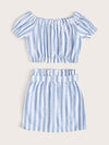 Girls Frill Trim Striped Top Patch Pocket Belted Skirt Set