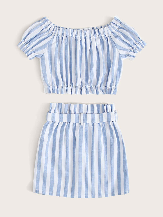 Girls Frill Trim Striped Top Patch Pocket Belted Skirt Set