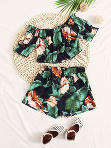  Girls Tropical Print Ruffle Trim Bardot Top and Shorts Set