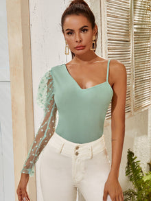  Asymmetric Shoulder Dobby Mesh Leg of mutton Sleeve Top