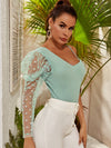 Asymmetric Shoulder Dobby Mesh Leg of mutton Sleeve Top