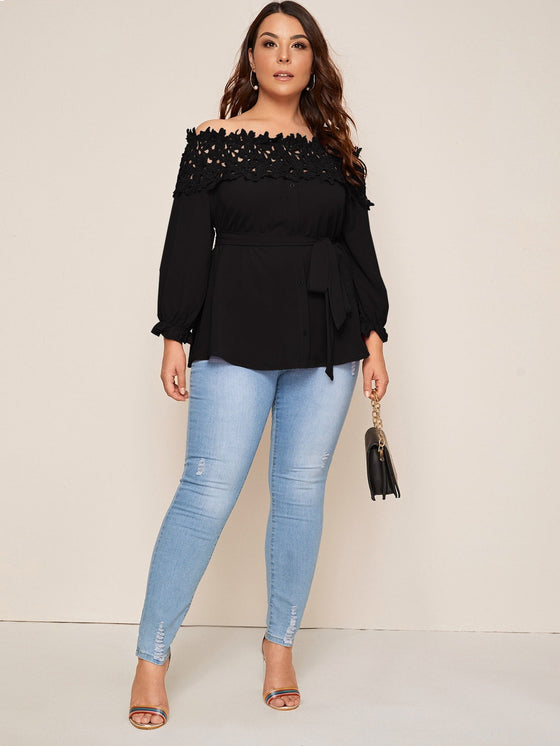 Plus Ruffle Cuff Guipure Lace Bardot Top With Belt