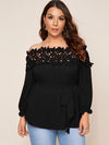 Plus Ruffle Cuff Guipure Lace Bardot Top With Belt