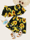 Girls Off Shoulder Frill Trim Sunflower Print Top Shorts Set