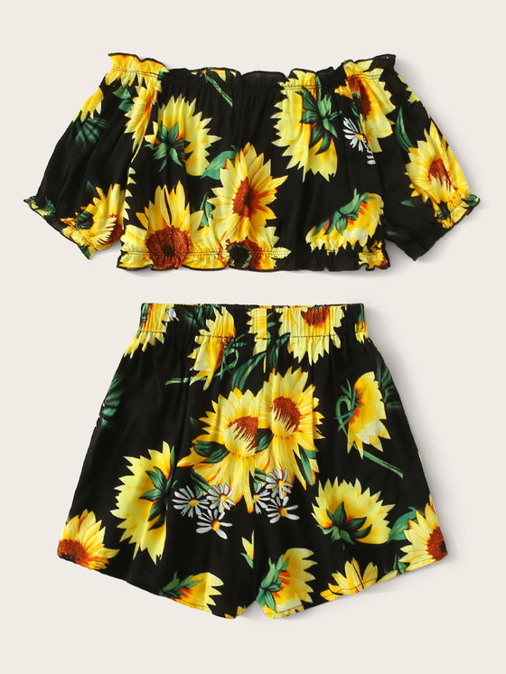 Girls Off Shoulder Frill Trim Sunflower Print Top Shorts Set