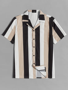  Men Revere Collar Colorblock Striped Shirt