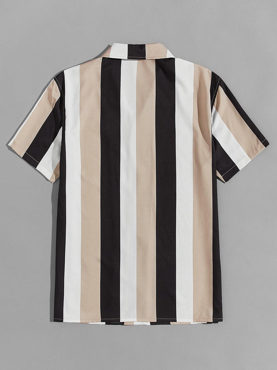 Men Revere Collar Colorblock Striped Shirt