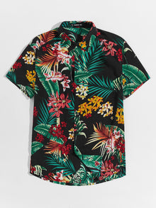  Men Collared Tropical Print Shirt