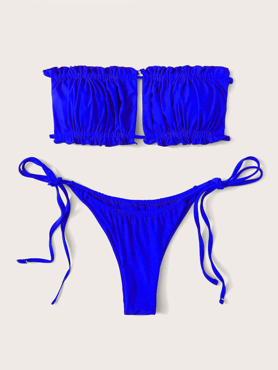 Ruched Frill Trim Bandeau Tie Side Bikini Swimsuit